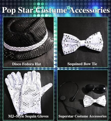 RIOSO 70s 80s Disco Outfits Dance Star Costume 70s 80s Pop Stage Sequin Gloves Black Fedora Hat Aviator Sunglass Tie Sequin Strap for Cosplay Party Halloween in Saudi Arabia