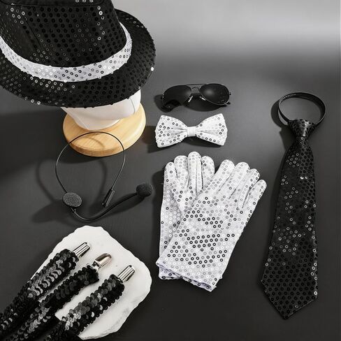 RIOSO 70s 80s Disco Outfits Dance Star Costume 70s 80s Pop Stage Sequin Gloves Black Fedora Hat Aviator Sunglass Tie Sequin Strap for Cosplay Party Halloween in Saudi Arabia