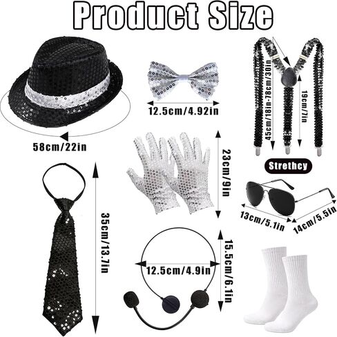 RIOSO 70s 80s Disco Outfits Dance Star Costume 70s 80s Pop Stage Sequin Gloves Black Fedora Hat Aviator Sunglass Tie Sequin Strap for Cosplay Party Halloween in Saudi Arabia