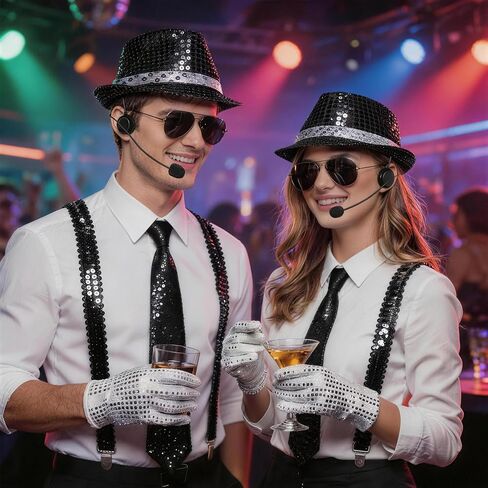RIOSO 70s 80s Disco Outfits Dance Star Costume 70s 80s Pop Stage Sequin Gloves Black Fedora Hat Aviator Sunglass Tie Sequin Strap for Cosplay Party Halloween in Saudi Arabia