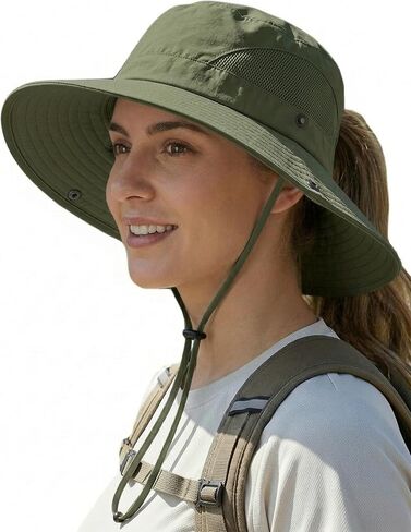 Women's Sun Hat Wide Brim Bucket Hat for Outdoor Breathable Mesh Ponytail Hole Adjustable Foldable UPF 50+ Windproof in Saudi Arabia