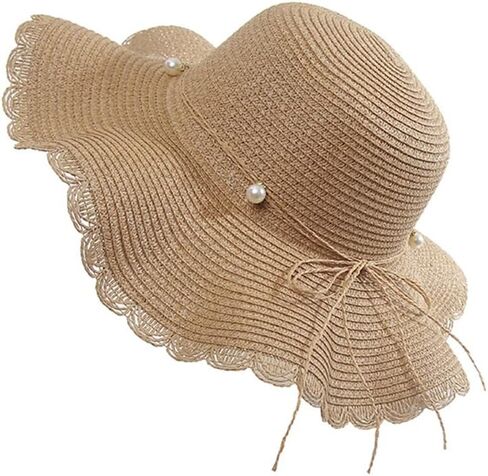 Women's Summer Wave Edge Pearl Bowknot Straw Knitted Hat Holiday Tourism Beach Sunshade Hat Brown Cap in Kuwait