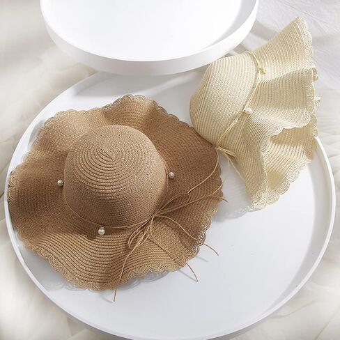Women's Summer Wave Edge Pearl Bowknot Straw Knitted Hat Holiday Tourism Beach Sunshade Hat Brown Cap in Kuwait