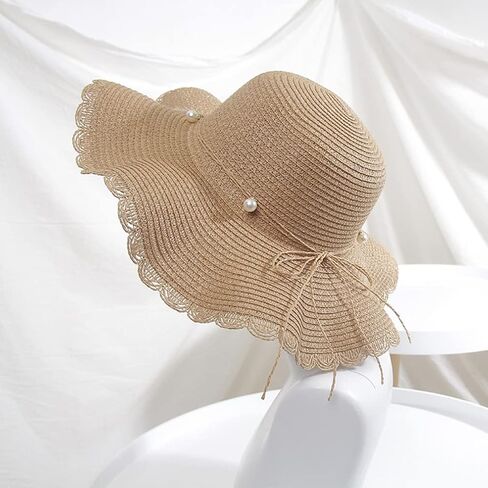 Women's Summer Wave Edge Pearl Bowknot Straw Knitted Hat Holiday Tourism Beach Sunshade Hat Brown Cap in Kuwait