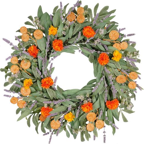 Vlorart 24 Inch Spring Summer Wreath for Front Door, Handmade Lemon Eucalyptus Wreath with Flowers, UV Resistant Front Door Wreath, Farmhouse Seasonal Door, Porch & Wall Decor in Saudi Arabia
