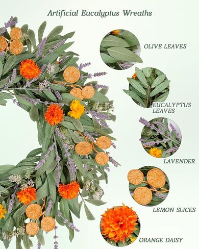 Vlorart 24 Inch Spring Summer Wreath for Front Door, Handmade Lemon Eucalyptus Wreath with Flowers, UV Resistant Front Door Wreath, Farmhouse Seasonal Door, Porch & Wall Decor in Saudi Arabia