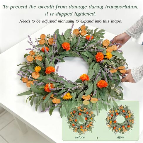 Vlorart 24 Inch Spring Summer Wreath for Front Door, Handmade Lemon Eucalyptus Wreath with Flowers, UV Resistant Front Door Wreath, Farmhouse Seasonal Door, Porch & Wall Decor in Saudi Arabia