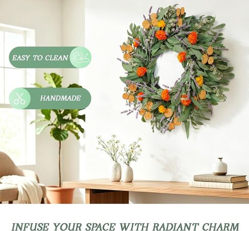 Vlorart 24 Inch Spring Summer Wreath for Front Door, Handmade Lemon Eucalyptus Wreath with Flowers, UV Resistant Front Door Wreath, Farmhouse Seasonal Door, Porch & Wall Decor in Saudi Arabia