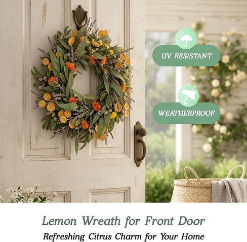 Vlorart 24 Inch Spring Summer Wreath for Front Door, Handmade Lemon Eucalyptus Wreath with Flowers, UV Resistant Front Door Wreath, Farmhouse Seasonal Door, Porch & Wall Decor in Saudi Arabia