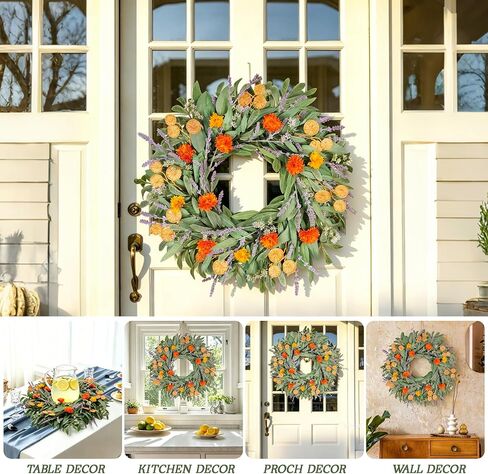Vlorart 24 Inch Spring Summer Wreath for Front Door, Handmade Lemon Eucalyptus Wreath with Flowers, UV Resistant Front Door Wreath, Farmhouse Seasonal Door, Porch & Wall Decor in Saudi Arabia