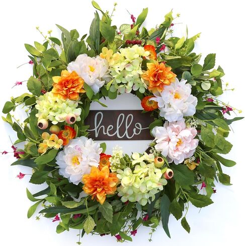 24" Summer Wreaths for Front Door with Hello Sign,Hydrangea Wreath with Pink Dahlia Flowers Eucalyptus.Summer Wreath for Front Door,Porch,Farmhouse,Wall,Window Indoor Outdoor Decor in Saudi Arabia
