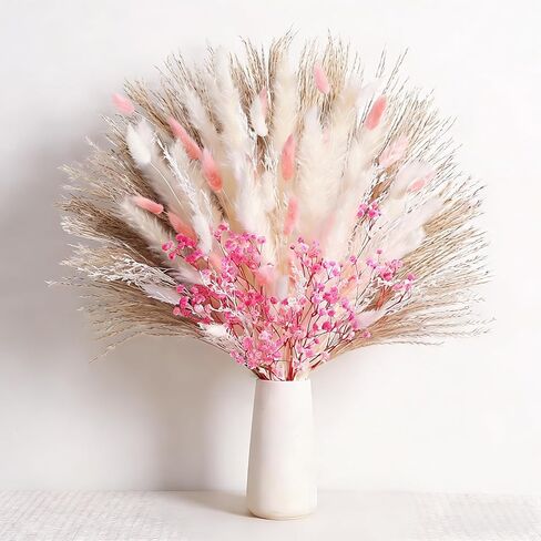 Bunny Tails Dried Flowers Bouquet Nature Colorful Pampas Grass with Baby Breath Dry Flowers for Home Room Valentines Day Table Wedding Decor (Pink) in Saudi Arabia