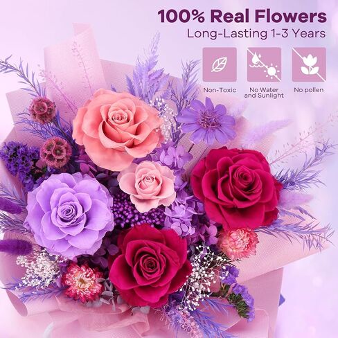 Bloom's Diary Purple Preserved Flower Bouquet, 100% Real Roses | Long-Lasting 1-3 Years, Eternal Mixed Arrangement for Mom, Girlfriend, Women, Anniversaries, Birthdays in Saudi Arabia