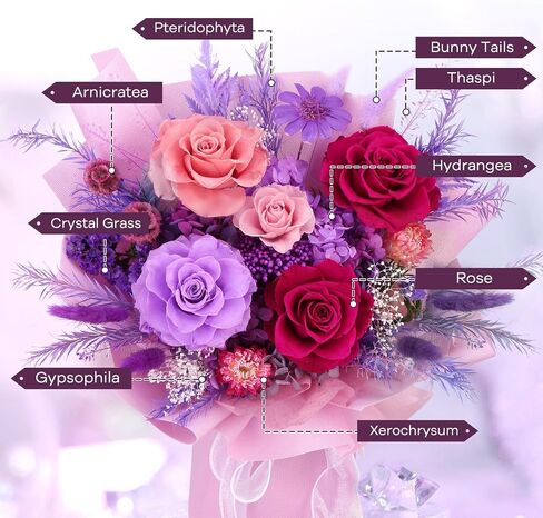 Bloom's Diary Purple Preserved Flower Bouquet, 100% Real Roses | Long-Lasting 1-3 Years, Eternal Mixed Arrangement for Mom, Girlfriend, Women, Anniversaries, Birthdays in Saudi Arabia