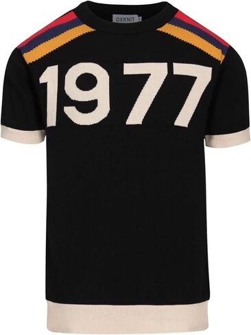 OXKNIT Men's Knit T-Shirt Short Sleeve, 1960s Mod Style Retro Words Black Shirts Crewneck Cotton Tops in Saudi Arabia
