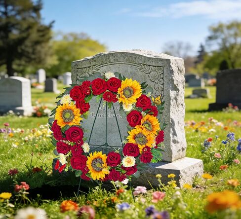 Cemetery Wreaths for Graves,Spring Wreath for Cemetery,Memorial Day Grave Wreath,Headstone Wreaths on Metal Stand, Artificial Flower Wreath:Red Rose Sunflower Berries in Saudi Arabia