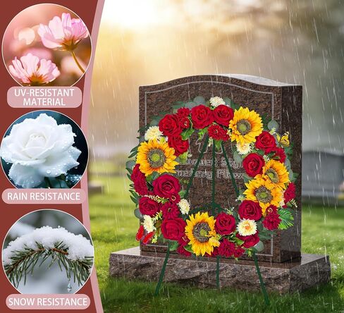Cemetery Wreaths for Graves,Spring Wreath for Cemetery,Memorial Day Grave Wreath,Headstone Wreaths on Metal Stand, Artificial Flower Wreath:Red Rose Sunflower Berries in Saudi Arabia