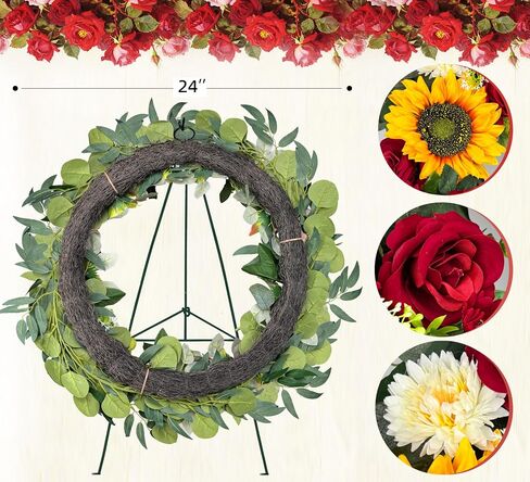 Cemetery Wreaths for Graves,Spring Wreath for Cemetery,Memorial Day Grave Wreath,Headstone Wreaths on Metal Stand, Artificial Flower Wreath:Red Rose Sunflower Berries in Saudi Arabia