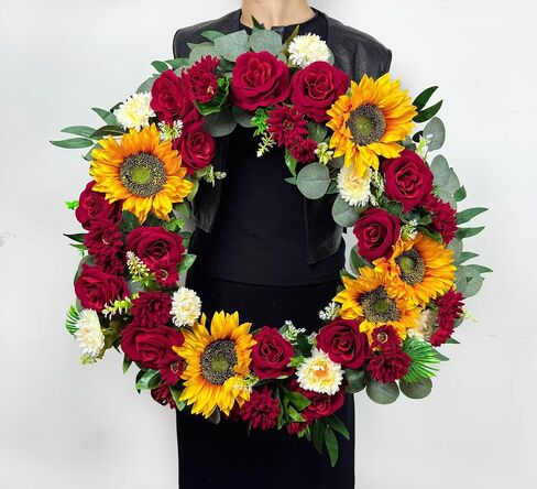 Cemetery Wreaths for Graves,Spring Wreath for Cemetery,Memorial Day Grave Wreath,Headstone Wreaths on Metal Stand, Artificial Flower Wreath:Red Rose Sunflower Berries in Saudi Arabia