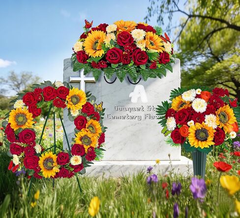 Cemetery Wreaths for Graves,Spring Wreath for Cemetery,Memorial Day Grave Wreath,Headstone Wreaths on Metal Stand, Artificial Flower Wreath:Red Rose Sunflower Berries in Saudi Arabia