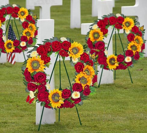 Cemetery Wreaths for Graves,Spring Wreath for Cemetery,Memorial Day Grave Wreath,Headstone Wreaths on Metal Stand, Artificial Flower Wreath:Red Rose Sunflower Berries in Saudi Arabia