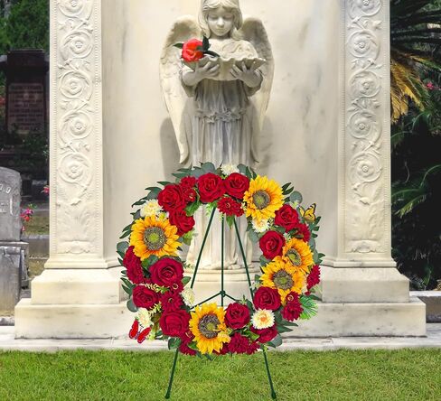 Cemetery Wreaths for Graves,Spring Wreath for Cemetery,Memorial Day Grave Wreath,Headstone Wreaths on Metal Stand, Artificial Flower Wreath:Red Rose Sunflower Berries in Saudi Arabia