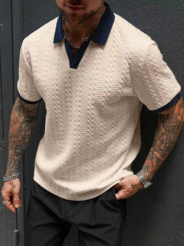 Men's Knitted Polo Shirt with Textured Waffle Pattern, Old Money Style Short Sleeve Sweater Polo, Casual V Neck Top for Men in Kuwait