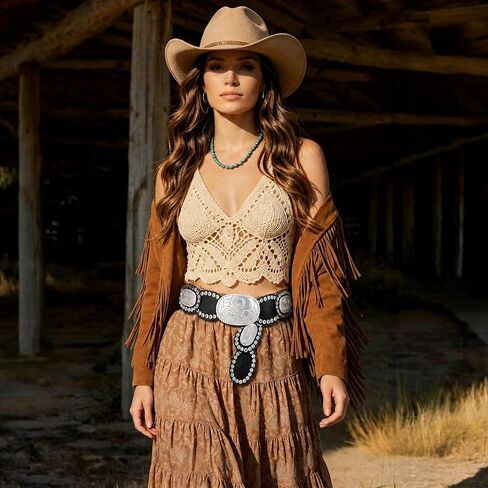 Ayliss Womens Wide Western Cowboy Disc Belt Oval Vintage Cowgirl Concho Leather Belts Boho Style for Jeans Dress Skirt in Kuwait