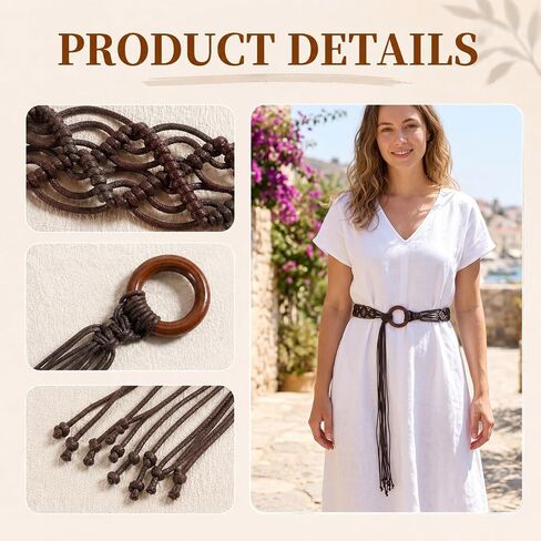 حزام منسوج من QfwdfcTrenz Boho، أحزمة حبل مضفرة وحزام غربي للنساء من العصور الوسطى وأحزمة خصر طويلة بشراشيب للفستان باللون البني الفاتح in Kuwait