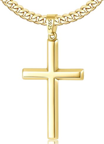 925 Sterling Silver Cross Necklace for Men, 18k Gold Plated Sterling Silver Cross Necklace with 5mm Durable Stainless Steel Cuban Link Chain for Men, 18 20 22 24 26 Inch in Saudi Arabia