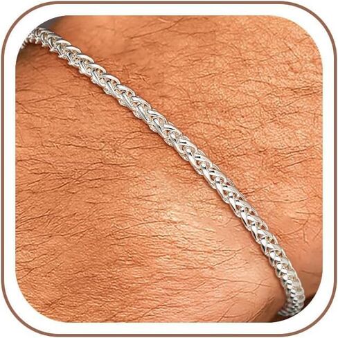 Silver Bracelet for Men, 925 Sterling Silver 3MM Wheat Chain Bracelets 7/7.5/8/9 Inches, Diamond Cut Silver Bracelet Gifts for Boyfriend Father Husband in Saudi Arabia