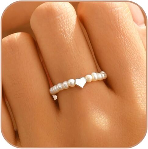 Pearl Stretchy Ring for Women,Non Tarnish 925 Sterling Silver Heart Adjustable Stackable Artificial Irregular Pearls Beaded Ring to Daughter Mother Boho Cultured Style Pearl Jewelry Birthday Wedding Gifts in Saudi Arabia