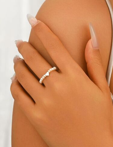 Pearl Stretchy Ring for Women,Non Tarnish 925 Sterling Silver Heart Adjustable Stackable Artificial Irregular Pearls Beaded Ring to Daughter Mother Boho Cultured Style Pearl Jewelry Birthday Wedding Gifts in Saudi Arabia