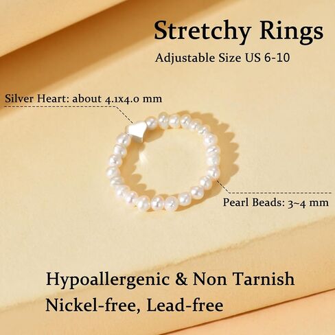 Pearl Stretchy Ring for Women,Non Tarnish 925 Sterling Silver Heart Adjustable Stackable Artificial Irregular Pearls Beaded Ring to Daughter Mother Boho Cultured Style Pearl Jewelry Birthday Wedding Gifts in Saudi Arabia
