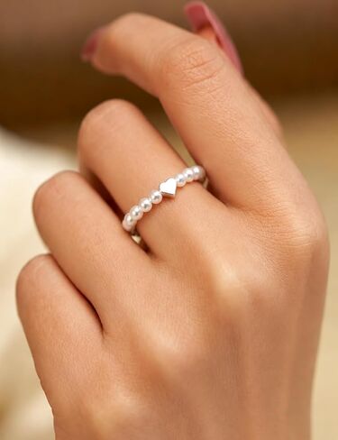 Pearl Stretchy Ring for Women,Non Tarnish 925 Sterling Silver Heart Adjustable Stackable Artificial Irregular Pearls Beaded Ring to Daughter Mother Boho Cultured Style Pearl Jewelry Birthday Wedding Gifts in Saudi Arabia