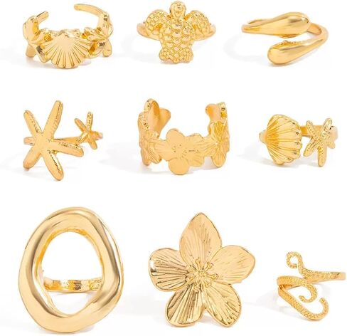 Yuoos Gold Chunky Rings for Women Flower Shell Starfish Ring Set Boho Stackable Adjustable Open Rings Beach Vacation Jewelry Gifts in Saudi Arabia