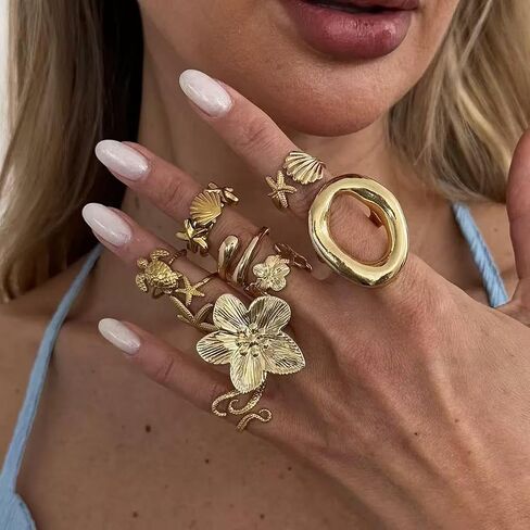Yuoos Gold Chunky Rings for Women Flower Shell Starfish Ring Set Boho Stackable Adjustable Open Rings Beach Vacation Jewelry Gifts in Saudi Arabia