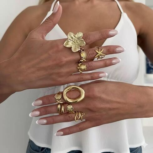Yuoos Gold Chunky Rings for Women Flower Shell Starfish Ring Set Boho Stackable Adjustable Open Rings Beach Vacation Jewelry Gifts in Saudi Arabia