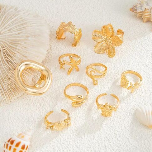 Yuoos Gold Chunky Rings for Women Flower Shell Starfish Ring Set Boho Stackable Adjustable Open Rings Beach Vacation Jewelry Gifts in Saudi Arabia