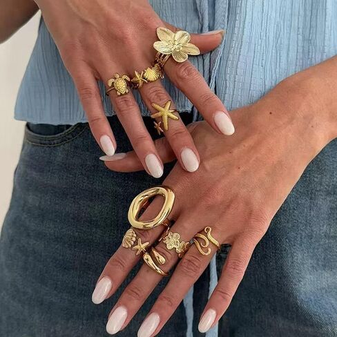 Yuoos Gold Chunky Rings for Women Flower Shell Starfish Ring Set Boho Stackable Adjustable Open Rings Beach Vacation Jewelry Gifts in Saudi Arabia