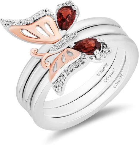Jewelili Enchanted Disney Fine Jewelry 14K Rose Gold over Sterling Silver with 1/10 Cttw Diamond and Red Garnet Mulan Stackable Rings in Kuwait