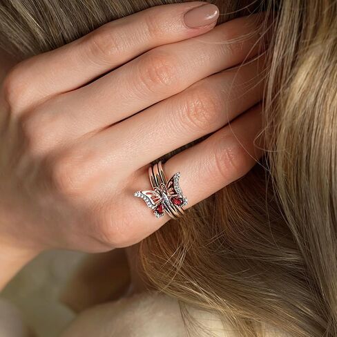 Jewelili Enchanted Disney Fine Jewelry 14K Rose Gold over Sterling Silver with 1/10 Cttw Diamond and Red Garnet Mulan Stackable Rings in Kuwait