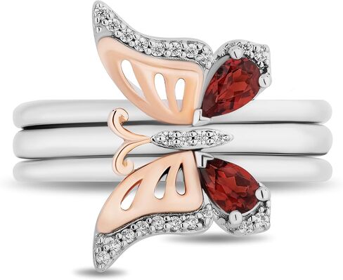 Jewelili Enchanted Disney Fine Jewelry 14K Rose Gold over Sterling Silver with 1/10 Cttw Diamond and Red Garnet Mulan Stackable Rings in Kuwait