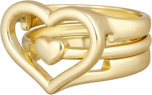 Hollow & Solid Heart Statement Rings, 2-in-1 Detachable Stackable Heart Rings for Women, Minimalist Layered Finger Jewelry Gift in Kuwait