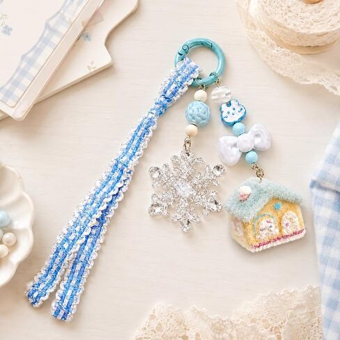 Home Keychain – Snowflake Keychains Bag Charms for Women with Flocked House, Cat Head and Ribbon Decorations, Aesthetic Y2K Key Chains Gifts for Blue Lovers, Girls and Family in Kuwait