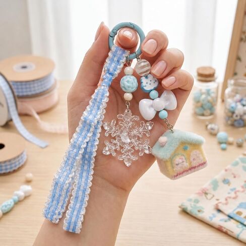 Home Keychain – Snowflake Keychains Bag Charms for Women with Flocked House, Cat Head and Ribbon Decorations, Aesthetic Y2K Key Chains Gifts for Blue Lovers, Girls and Family in Kuwait