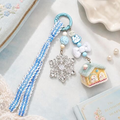 Home Keychain – Snowflake Keychains Bag Charms for Women with Flocked House, Cat Head and Ribbon Decorations, Aesthetic Y2K Key Chains Gifts for Blue Lovers, Girls and Family in Kuwait