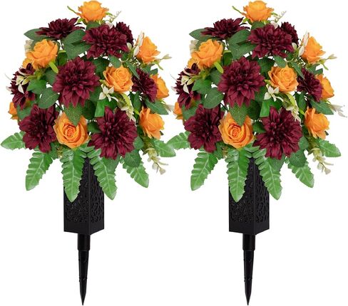 XIAYAN Artificial Cemetery Flowers 2 Sets, Realistic red Roses & Yellow Sunflower - Outdoor Grave Decorations with Non-Bleed Colors, Easy to Install (Yellow+Red) in Saudi Arabia