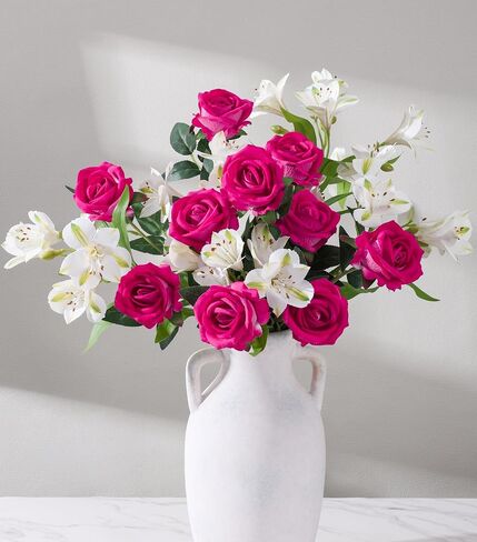 Artificial Flowers, 14 Pcs White Roses & Lilies Fake Flowers White Flowers Artificial Flowers Bulk Long Stem Fake Flowers Bouquet Get Well Gifts for Women Easter Table Decor Gifts for Girlfriend in Saudi Arabia