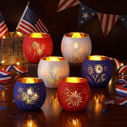Jingmore 6 قطع حاملات شموع Tealight للذكرى السنوية الـ 250 محفورة للألعاب النارية Starburst عديمة اللهب حاملات نذرية من الزجاج عديمة اللهب يوم الاستقلال الرابع من يوليو ديكور شمعة نذرية وطنية لطاولة الزفاف in Kuwait